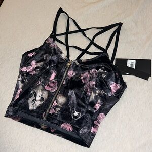 COPY - Black and Pink Floral Skull Crop Top